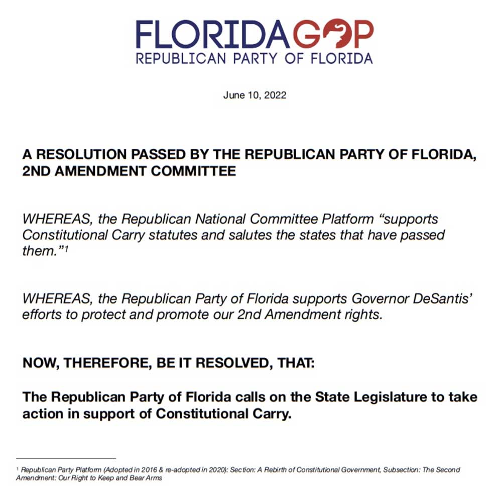 FL: Do FL Republicans Fully Back Constitutional Carry? Tell them that YOU do!