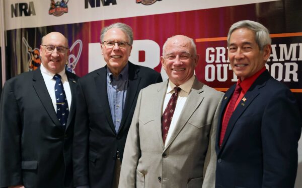 NRA Officers at the 2023 Great American Outdoor Show (left to right): Second Vice President David Coy, Executive Vice President and CEO Wayne LaPierre, President Charles L. Cotton and First Vice President Willes K. Lee.