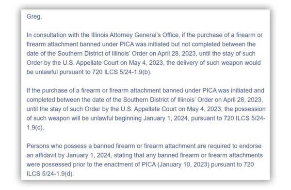 Illinois State Police said that if a purchase were initiated but not completed between the injunction and the stay, the delivery of such weapons would be unlawful