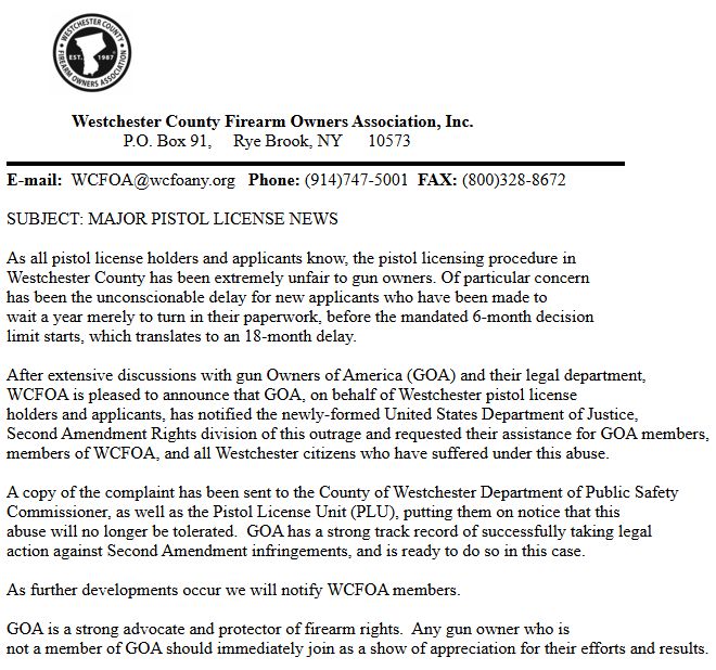 WCFOA: Major pistol license news